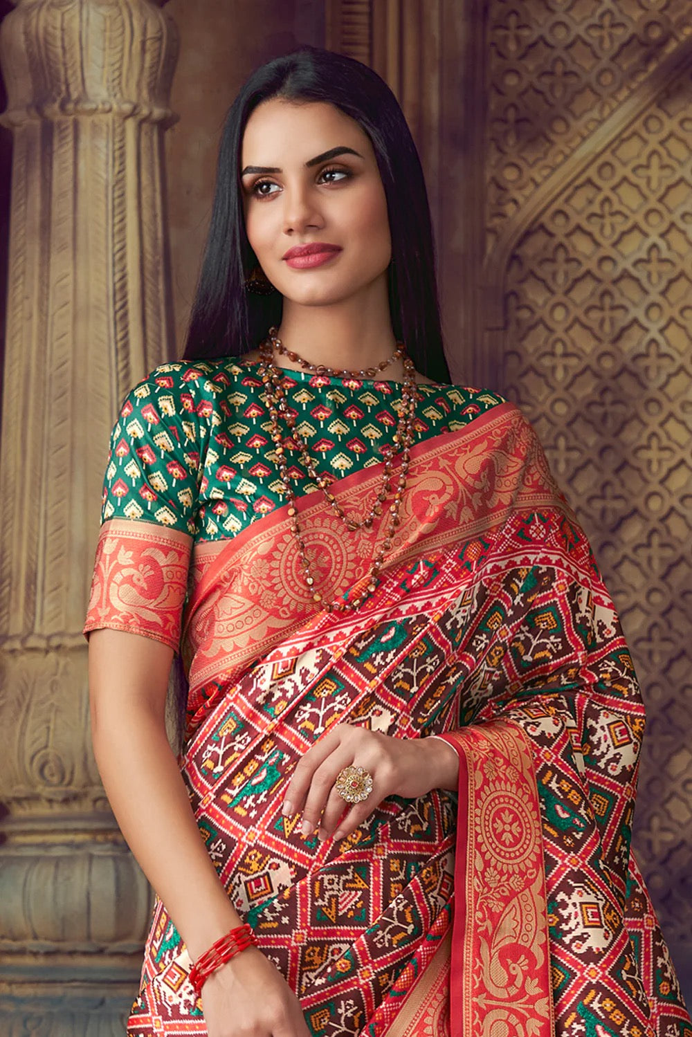 Maroon Toned Paithani Patola Silk Printed Blend Saree