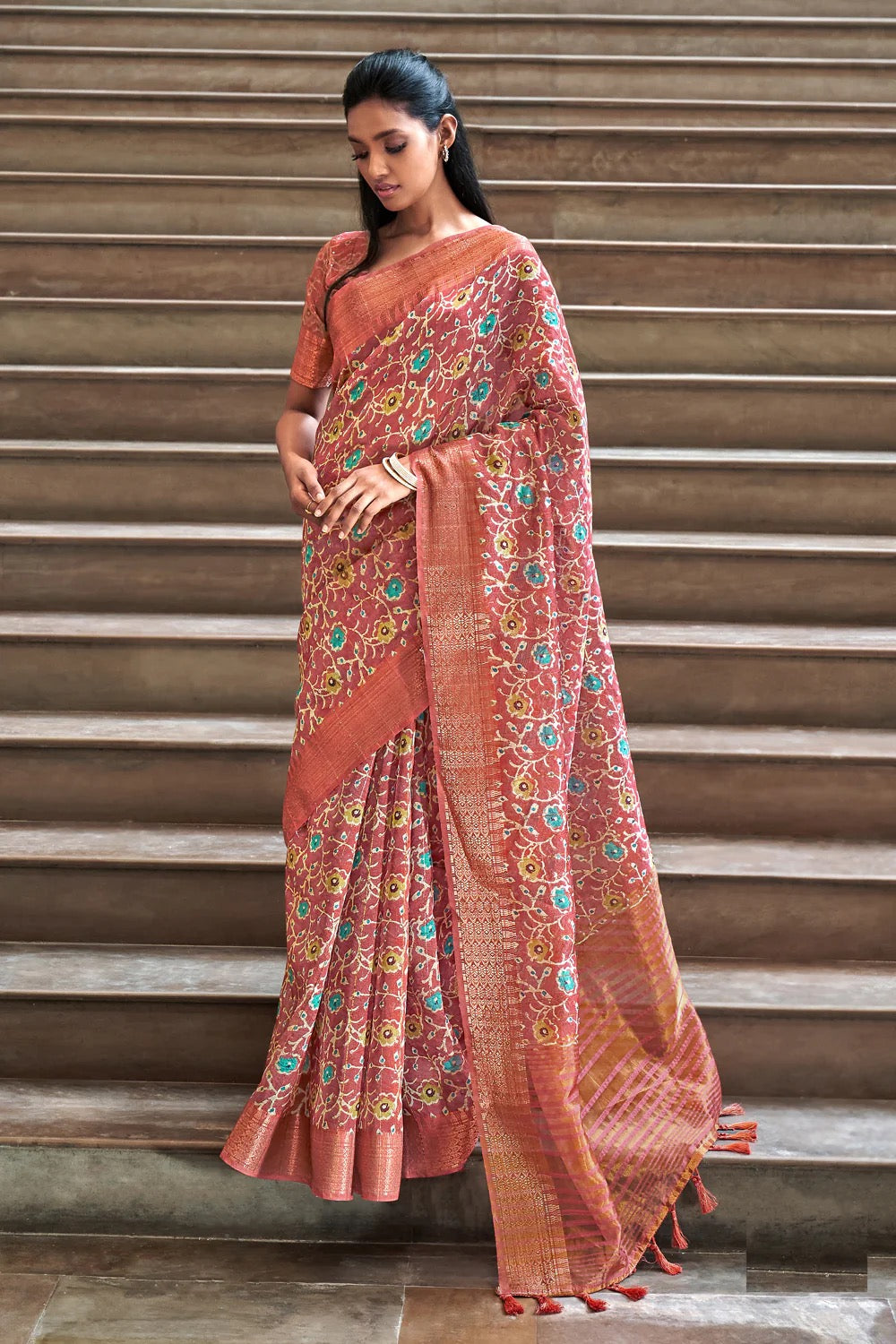 Brown Printed Linen Silk Saree
