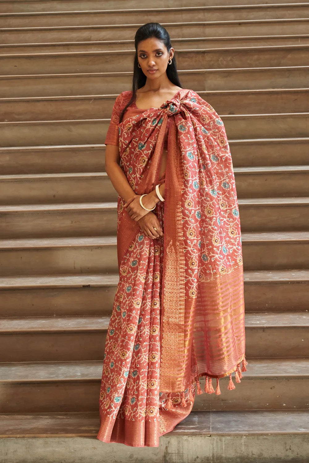 Brown Printed Linen Silk Saree