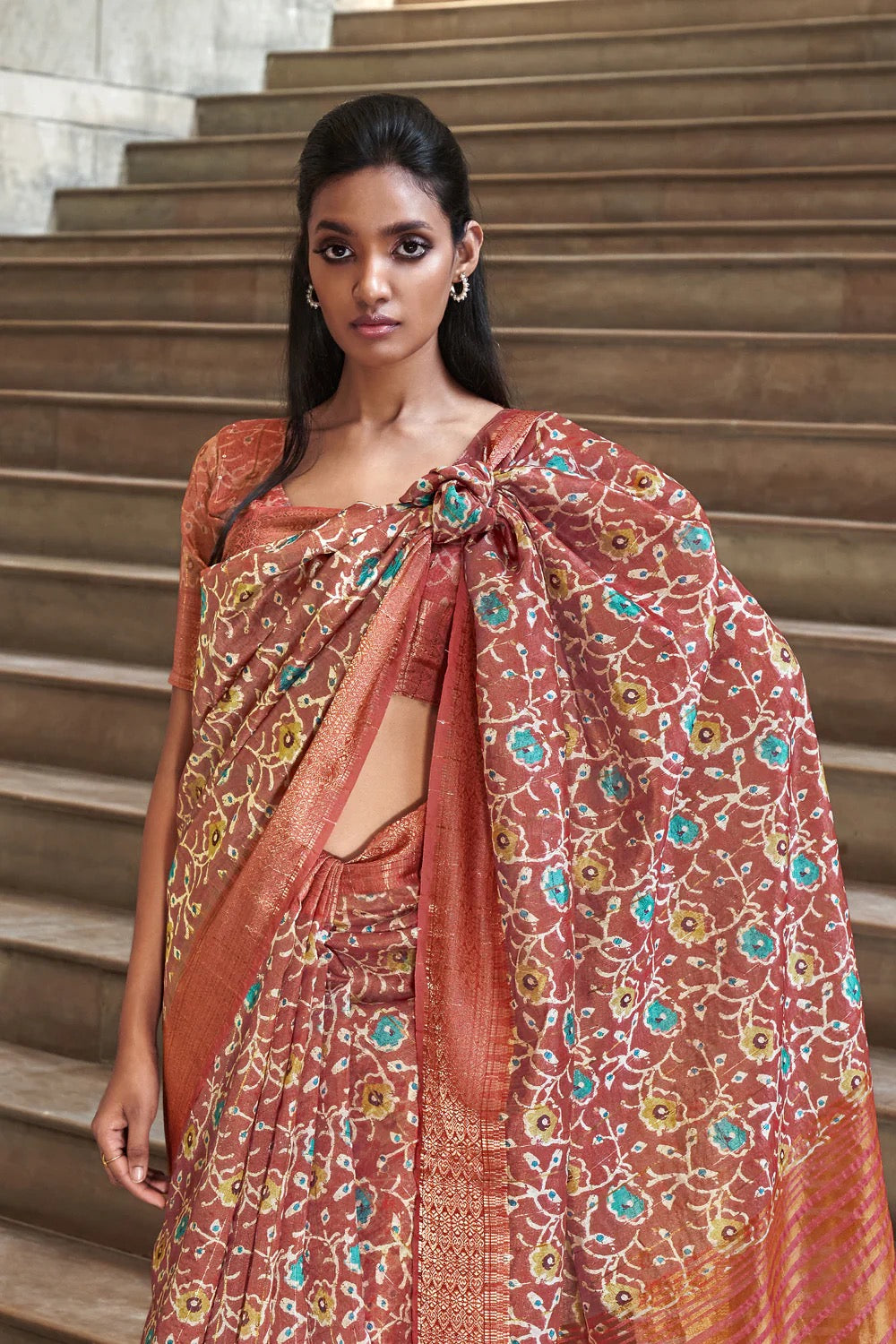 Brown Printed Linen Silk Saree