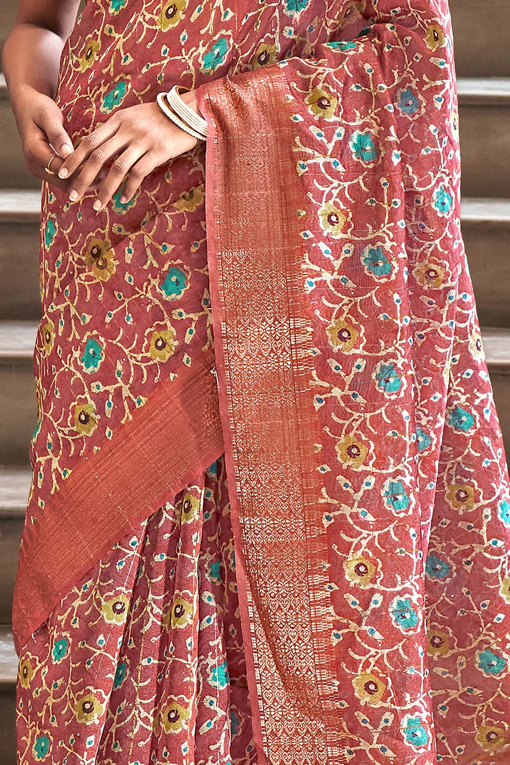 Brown Printed Linen Silk Saree