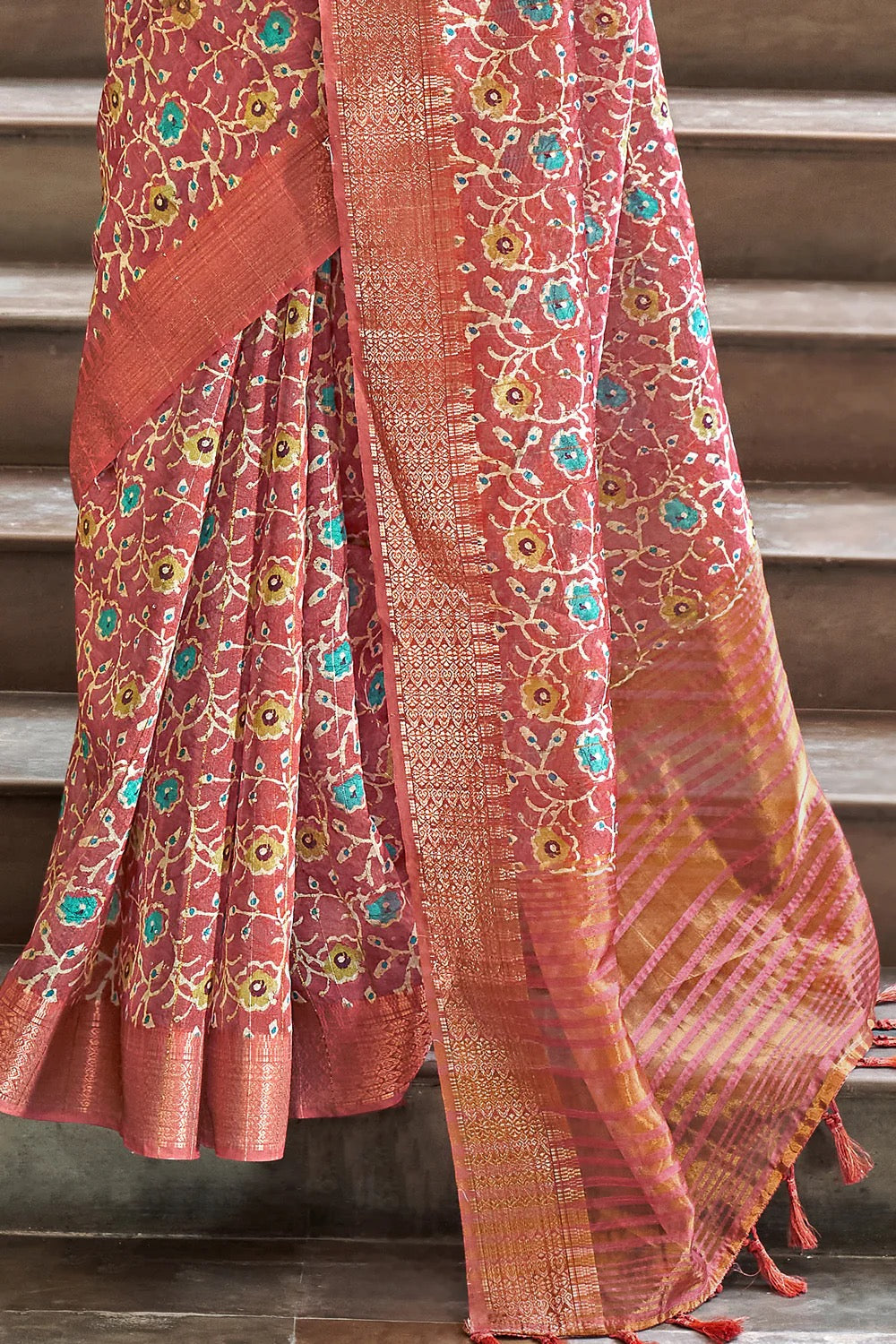 Brown Printed Linen Silk Saree