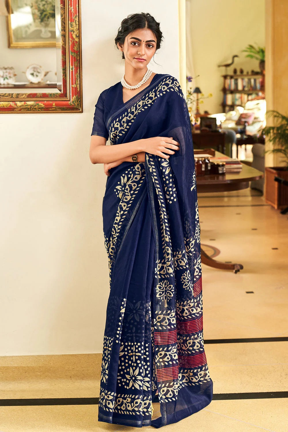 DENIM BLUE HANDLOOM PRINTED ZARI COTTON SAREE