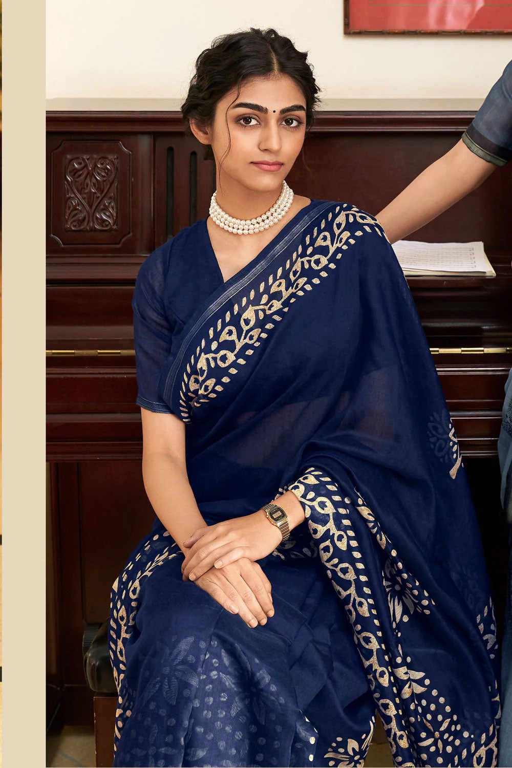 DENIM BLUE HANDLOOM PRINTED ZARI COTTON SAREE