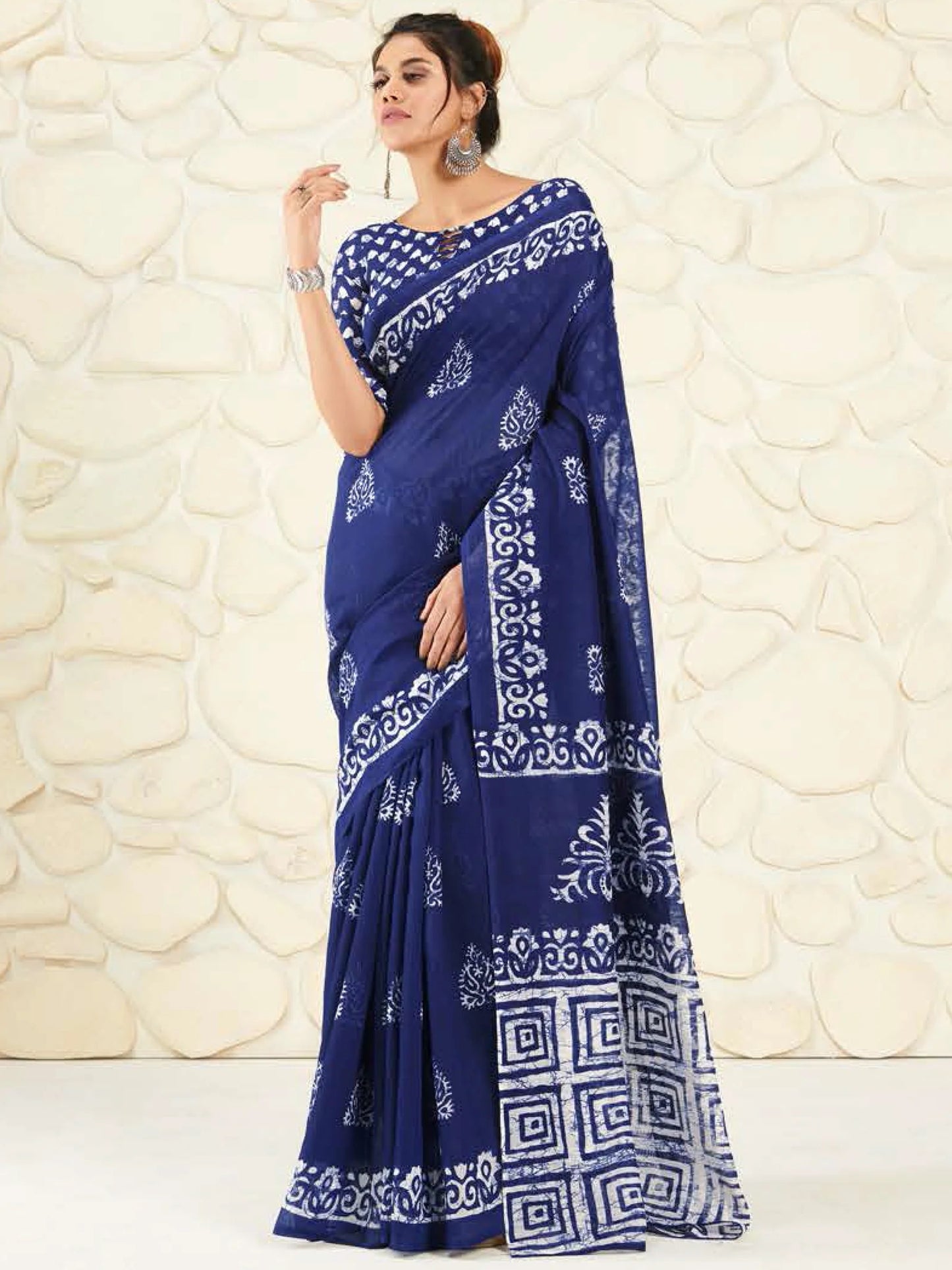 Dark Blue Ikkat Printed Cotton Saree