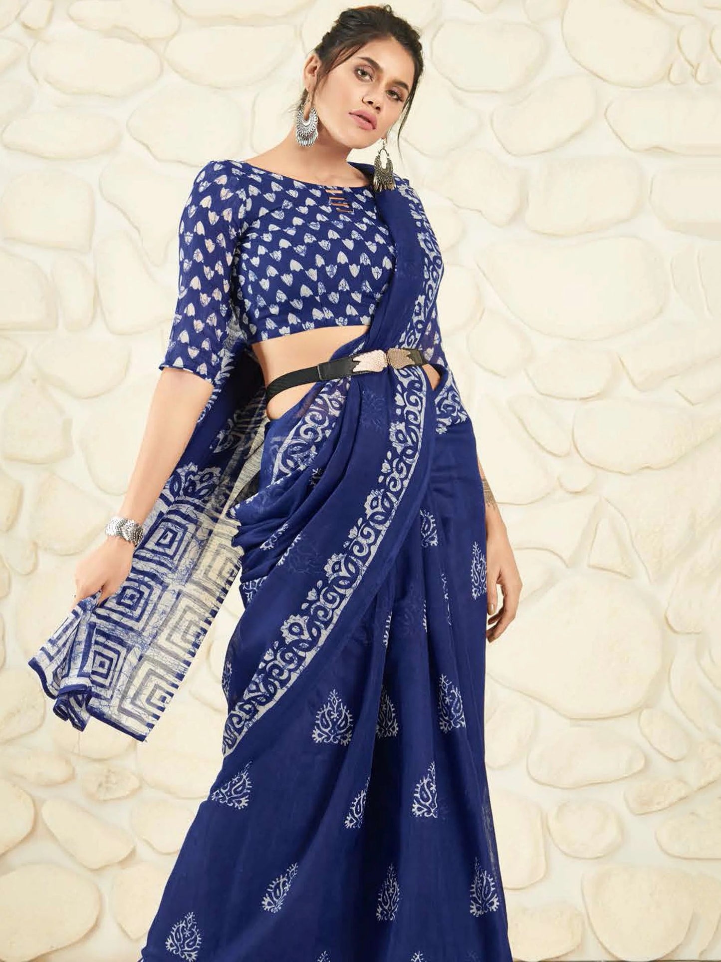 Dark Blue Ikkat Printed Cotton Saree