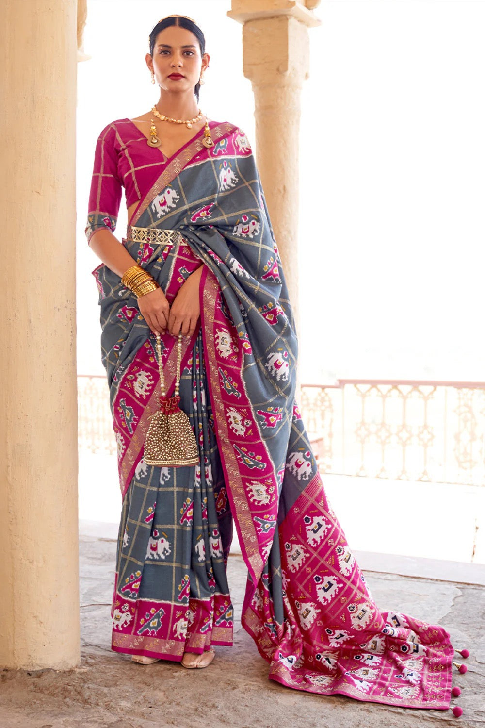 Grey Printed Patola Silk Saree
