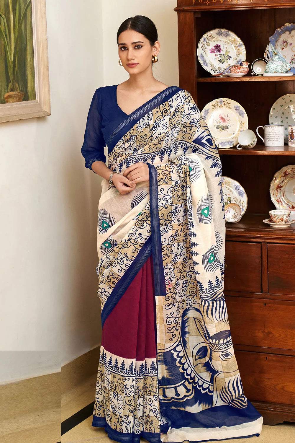 MULTI WHITE HANDLOOM PRINTED ZARI COTTON SAREE