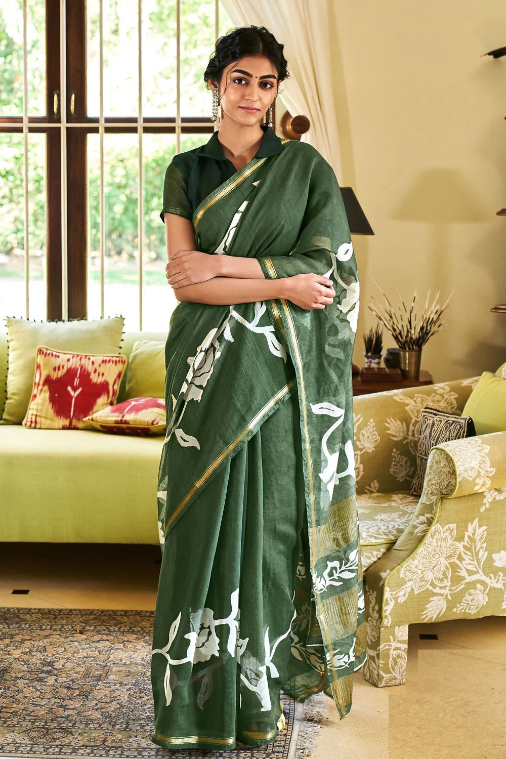 Green handloom zari printed cotton saree