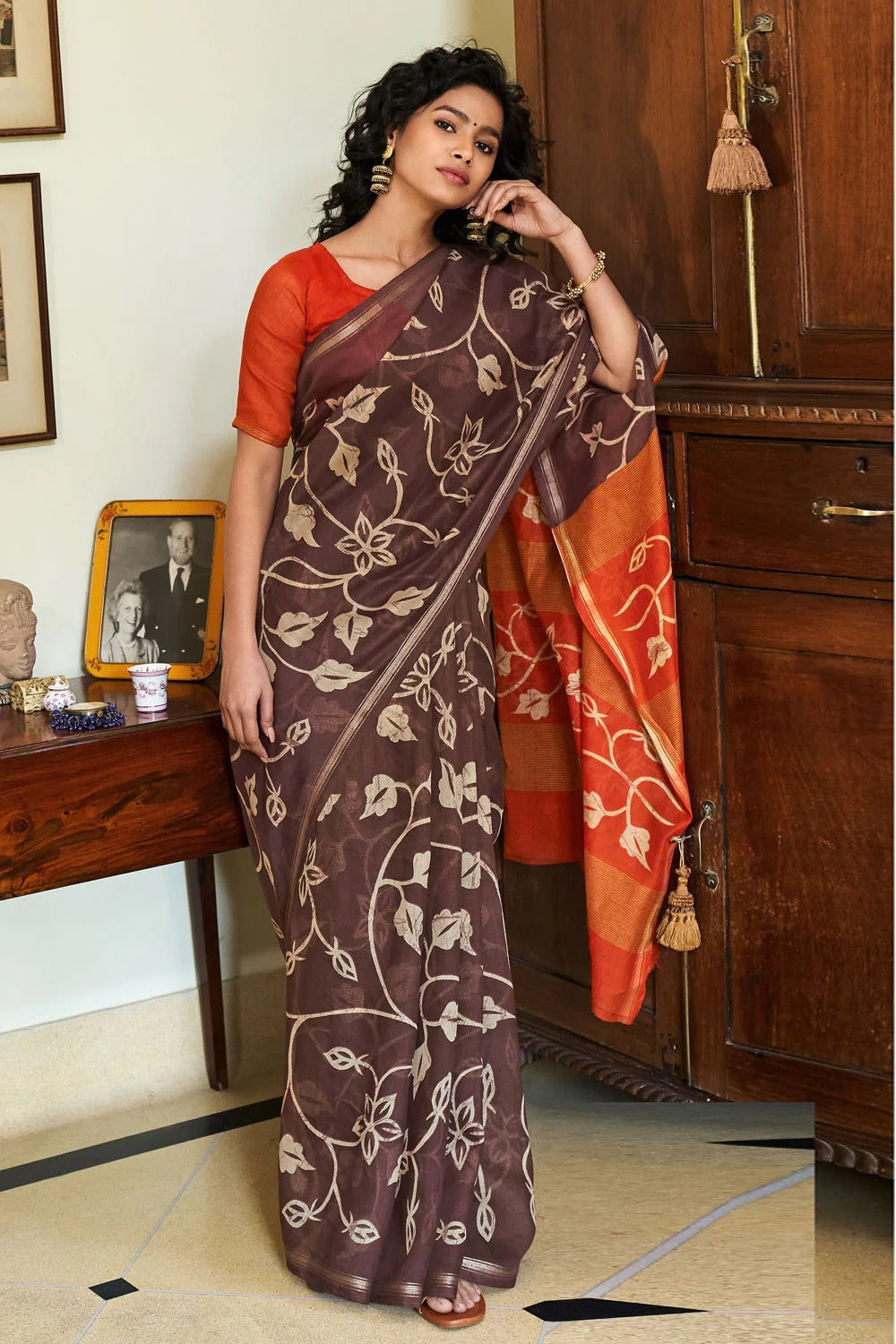 CARAMEL BROWN HANDLOOM PRINTED ZARI COTTON SAREE