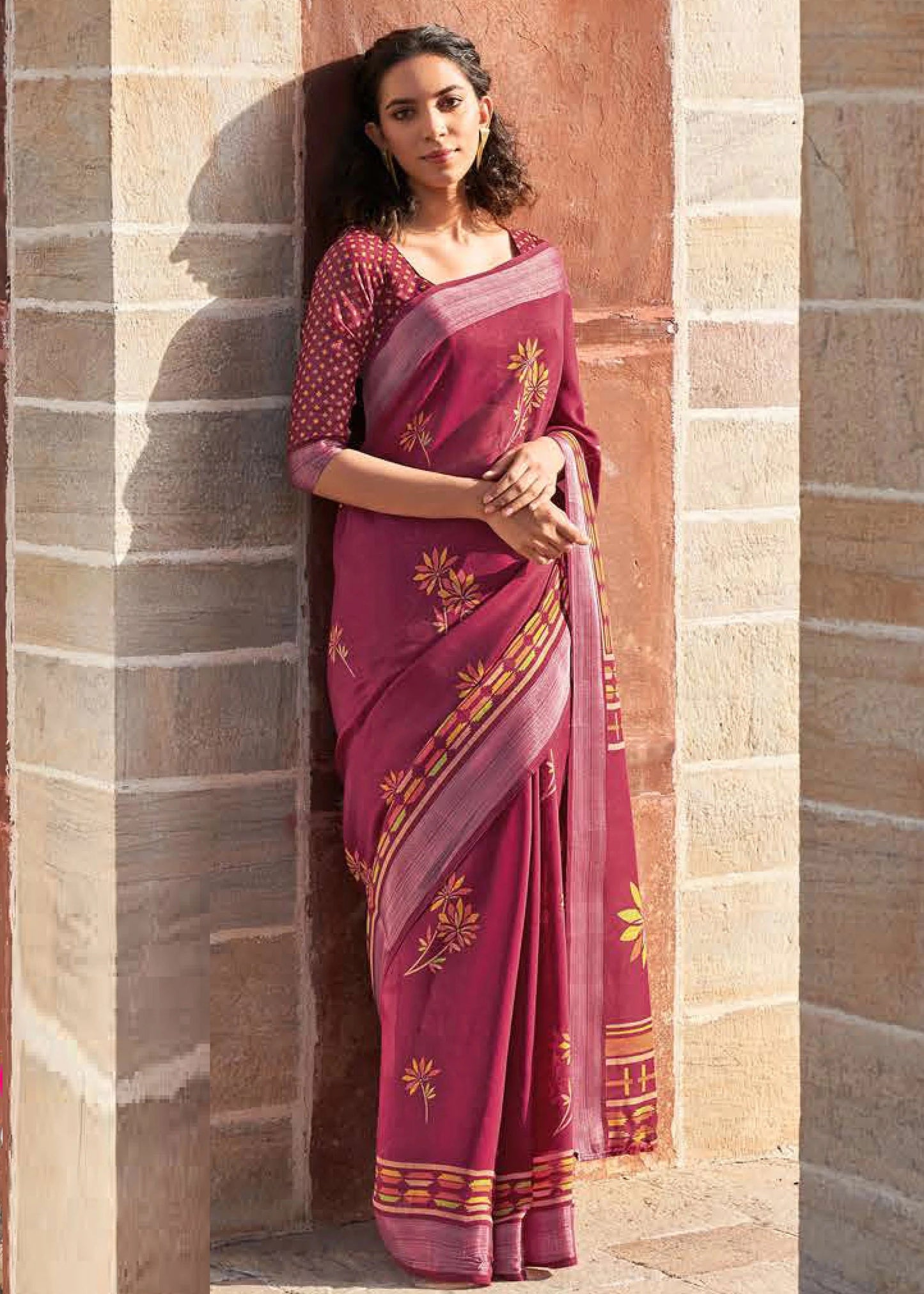 JAM MAROON BATIK PRINT PURE LINEN SAREE