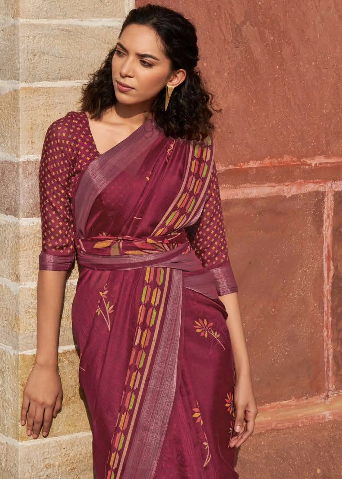 JAM MAROON BATIK PRINT PURE LINEN SAREE