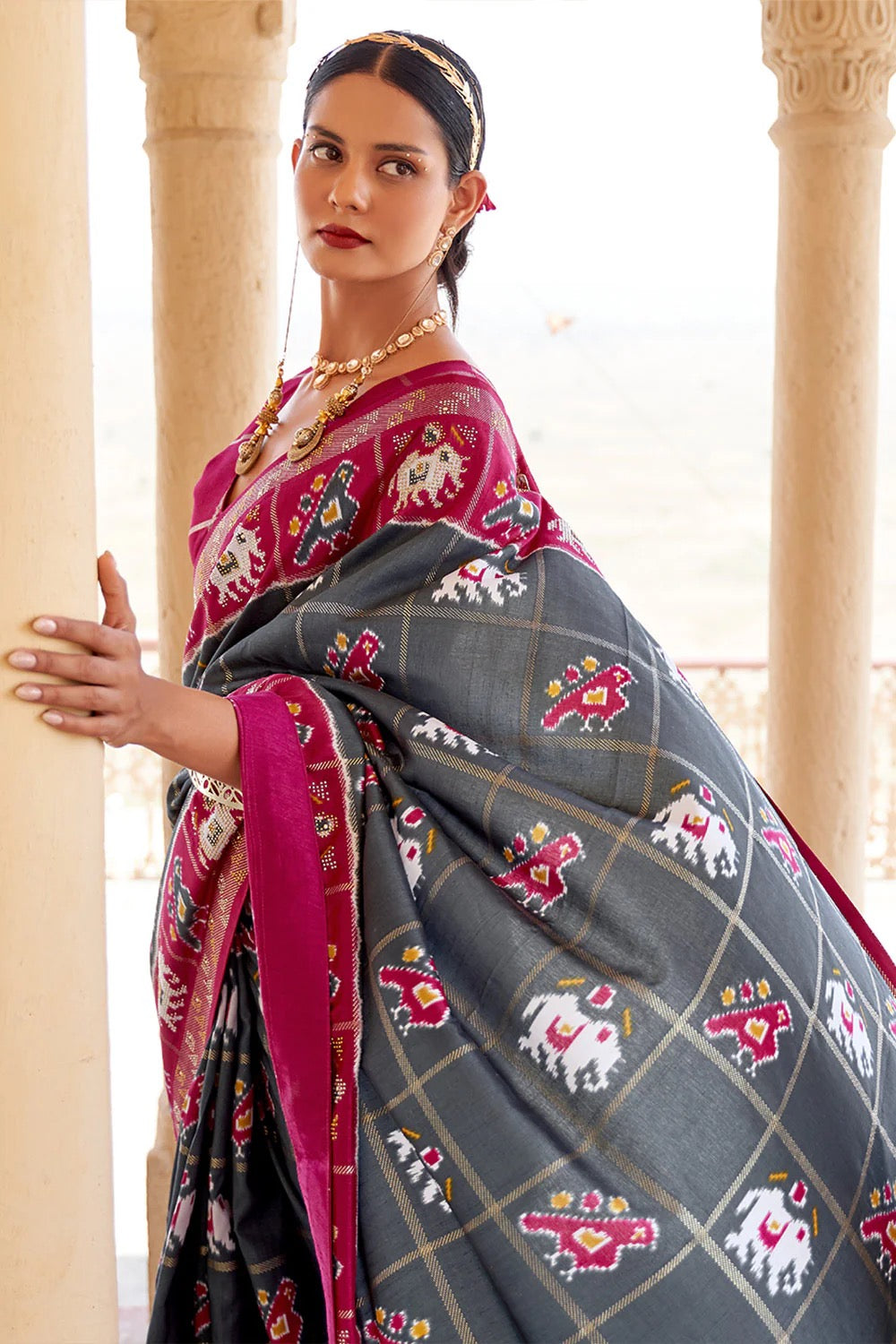 Grey Printed Patola Silk Saree