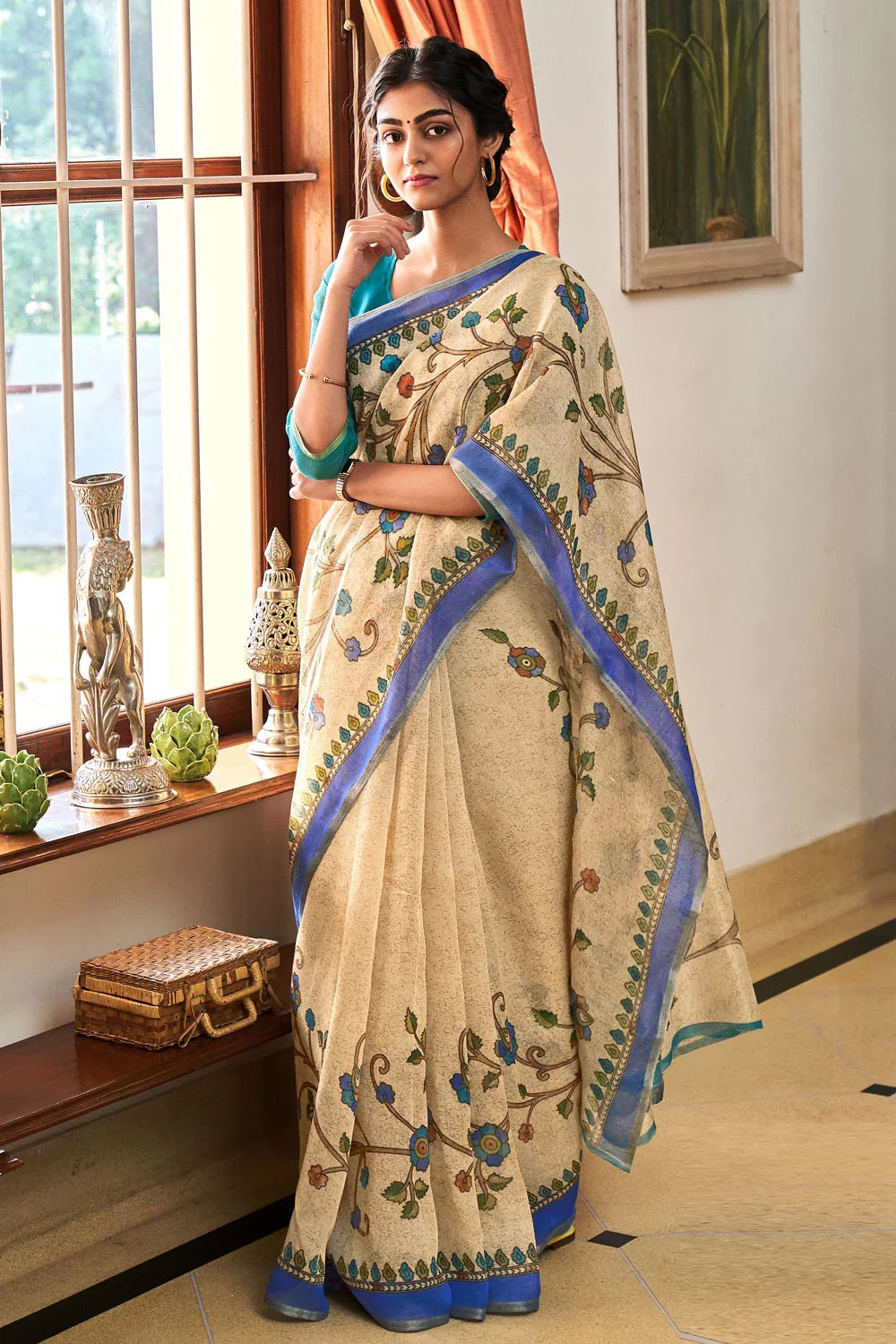 SAND BEIGE HANDLOOM PRINTED ZARI COTTON SAREE