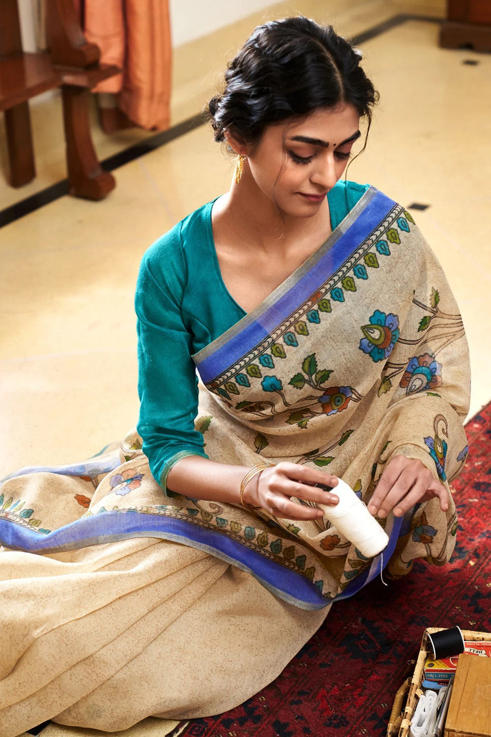 SAND BEIGE HANDLOOM PRINTED ZARI COTTON SAREE