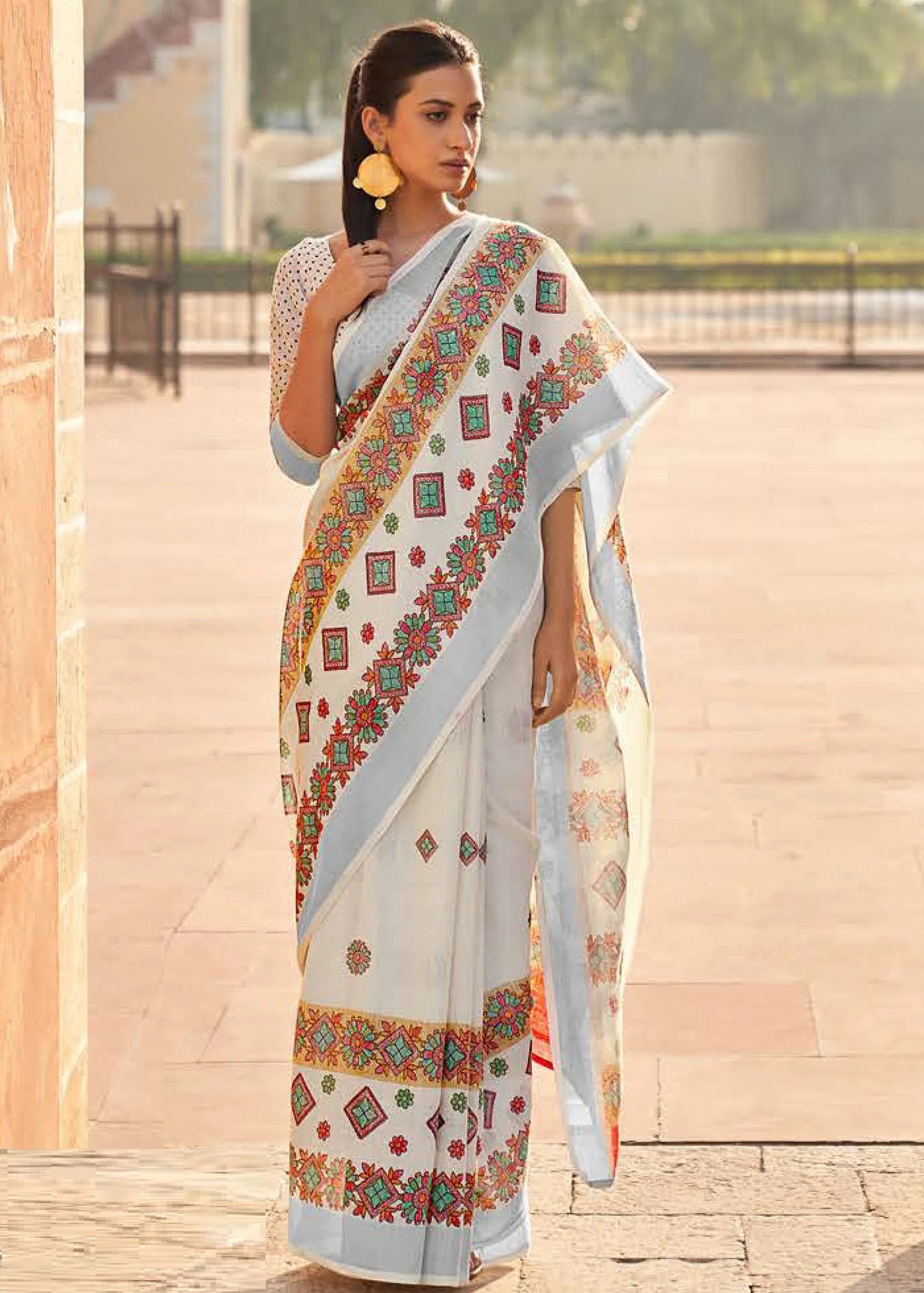 FROST CREAM BATIK PRINT PURE LINEN SAREE