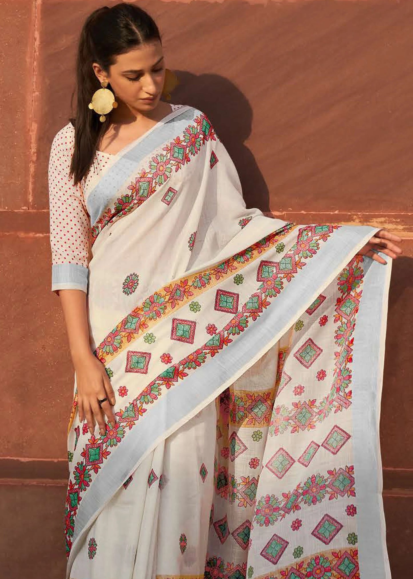 FROST CREAM BATIK PRINT PURE LINEN SAREE