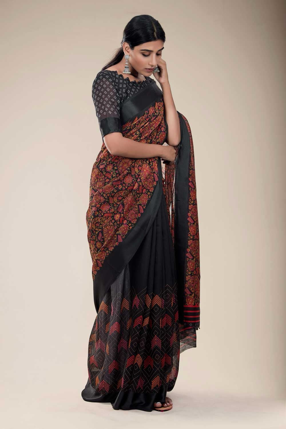 Zade Black Kashmiri Printed Linen Saree