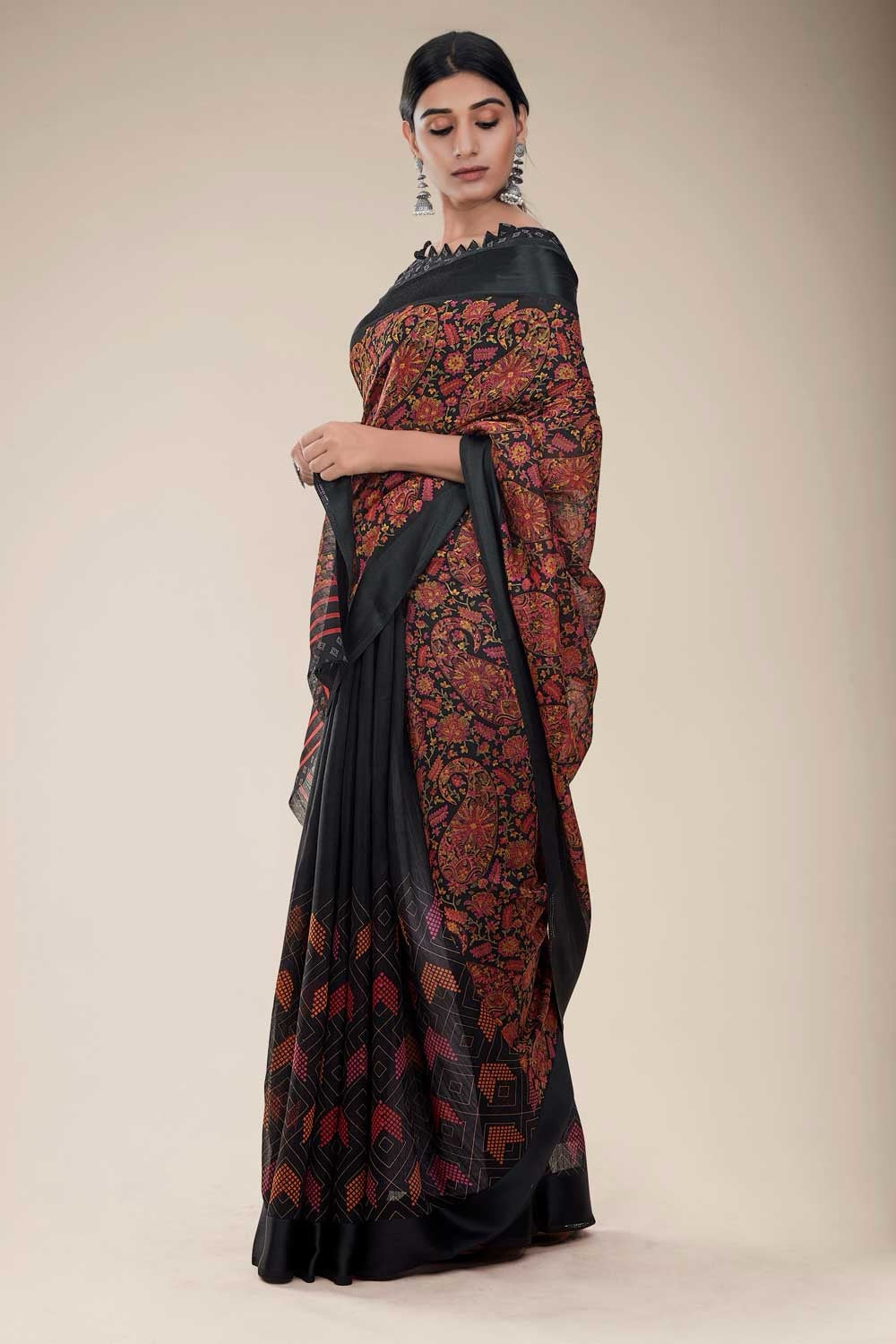 Zade Black Kashmiri Printed Linen Saree