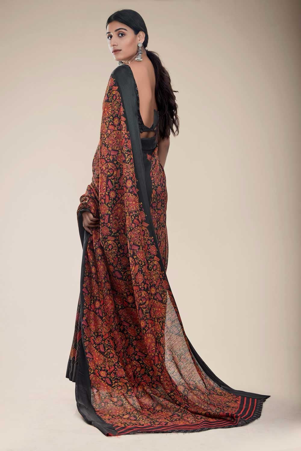 Zade Black Kashmiri Printed Linen Saree