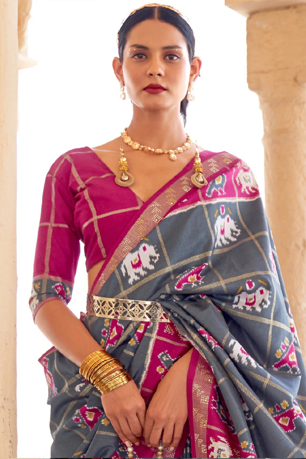 Grey Printed Patola Silk Saree