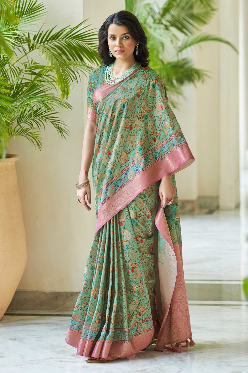 Green Digital Printed Silk Saree