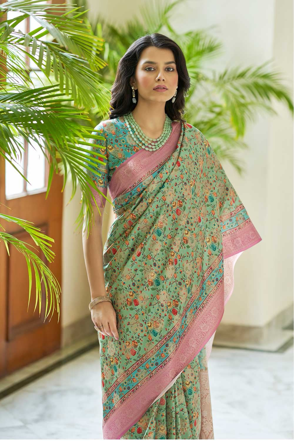 Green Digital Printed Silk Saree