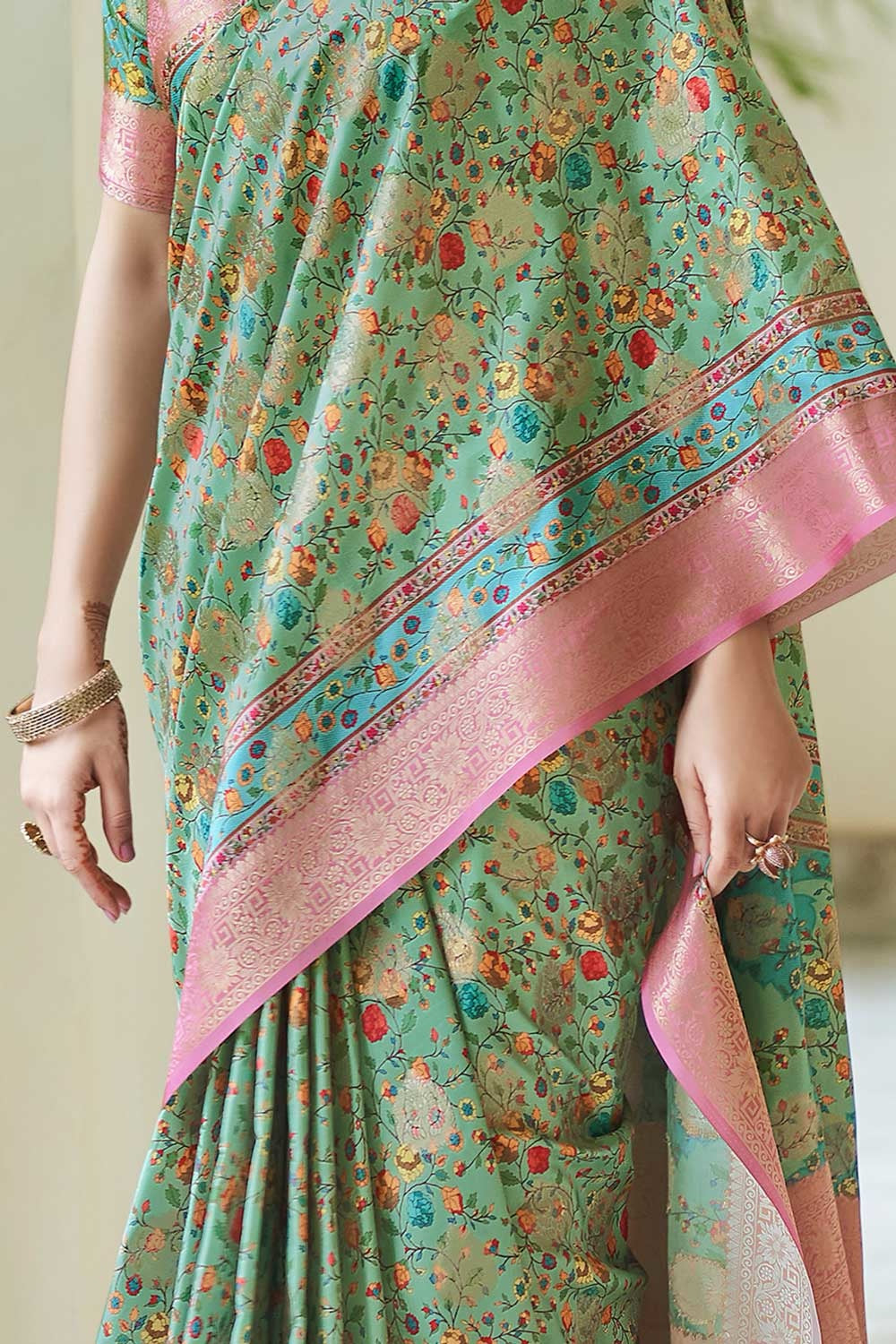 Green Digital Printed Silk Saree