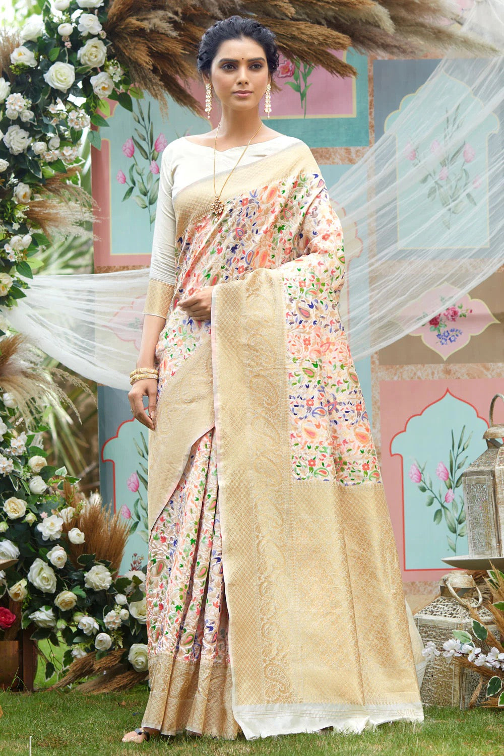 Pure White Kashmiri Woven Silk Saree