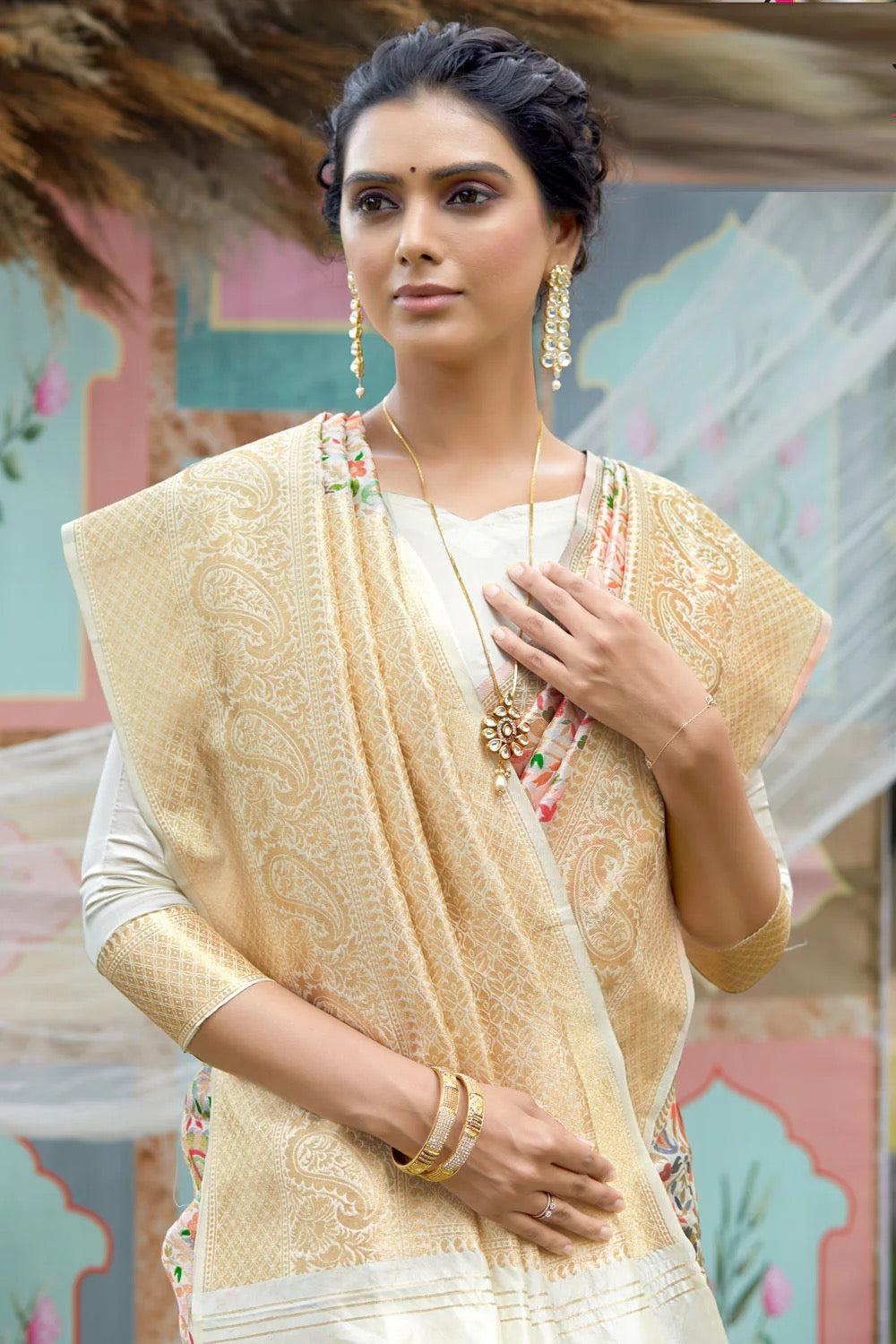 Pure White Kashmiri Woven Silk Saree