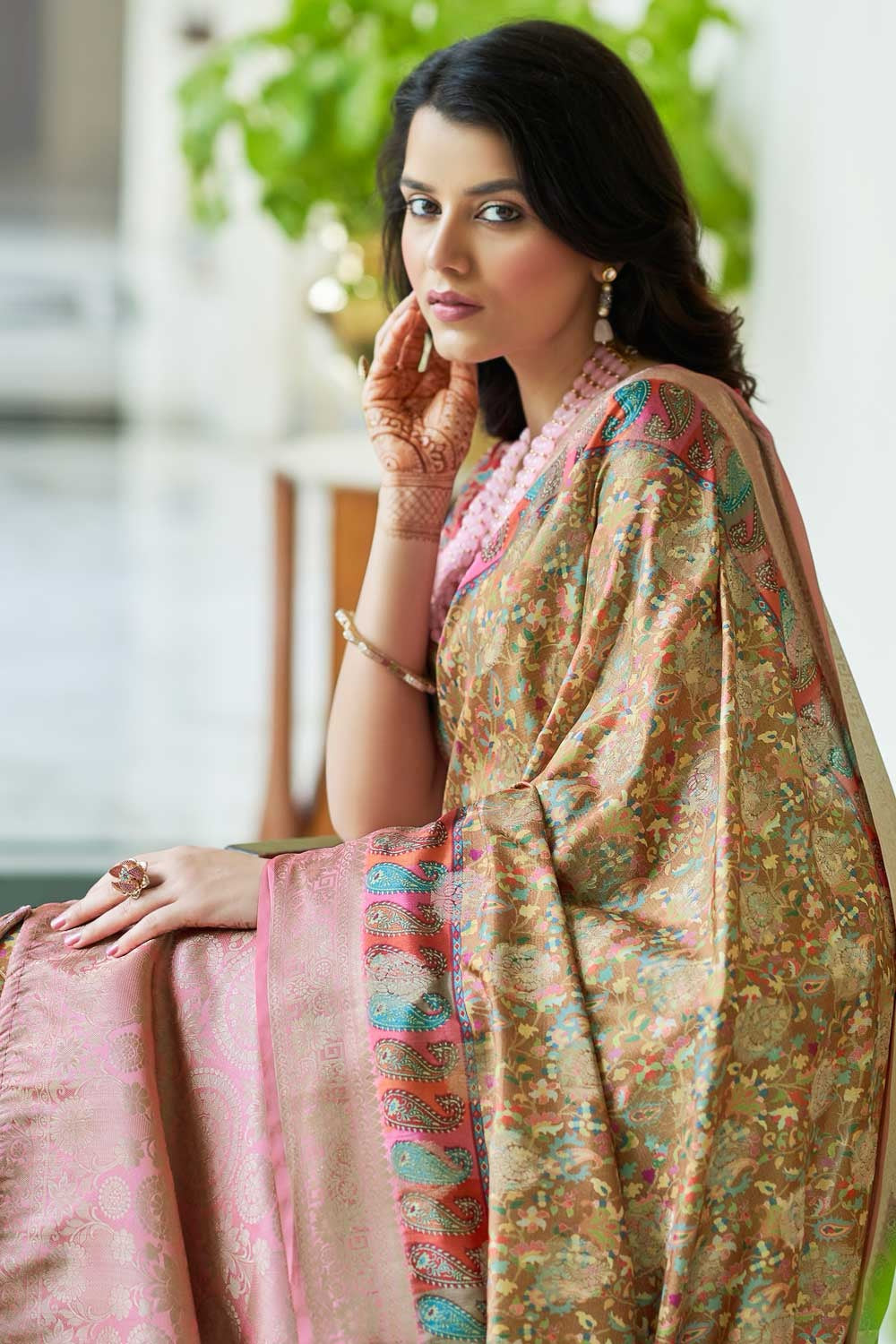 Brown Digital Printed Silk Saree