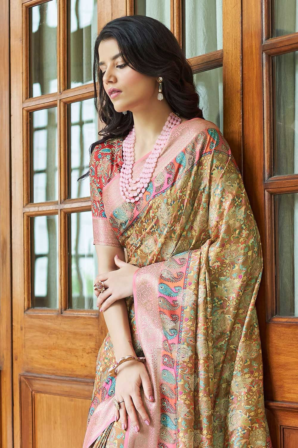 Brown Digital Printed Silk Saree