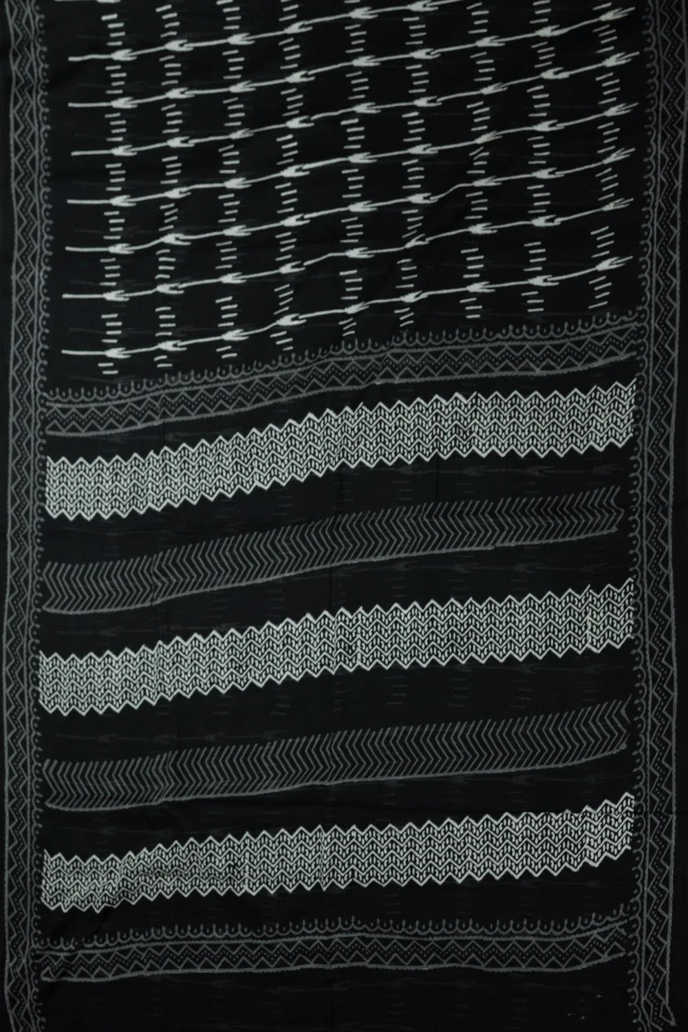 Cream Lines on Black Block Printed Mul Cotton saree