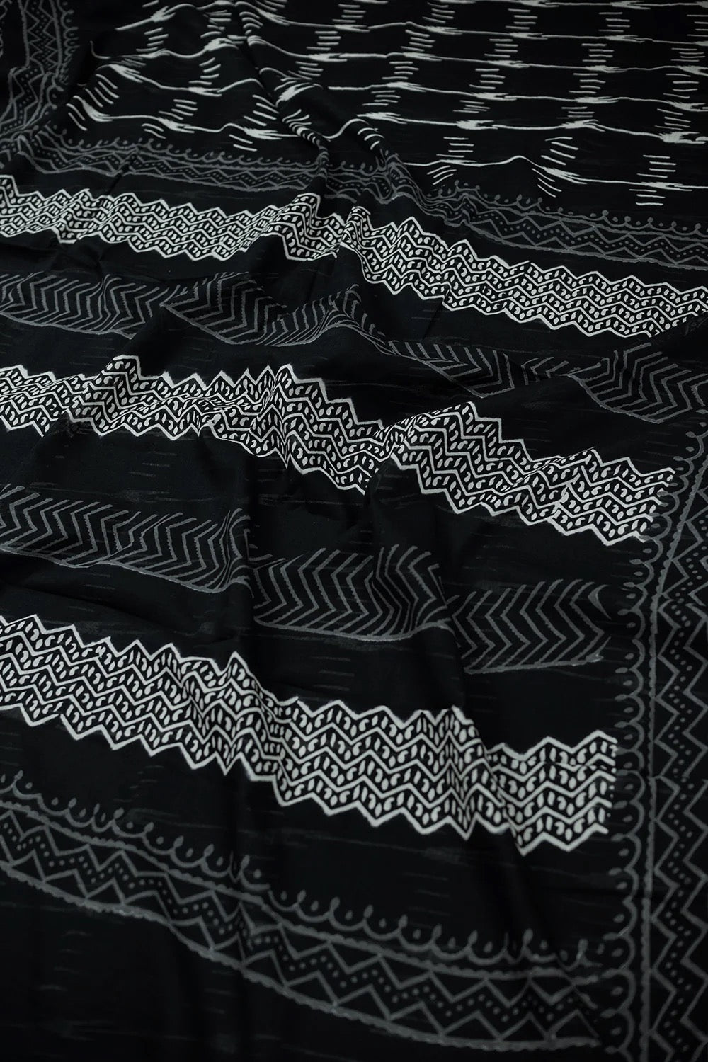 Cream Lines on Black Block Printed Mul Cotton saree