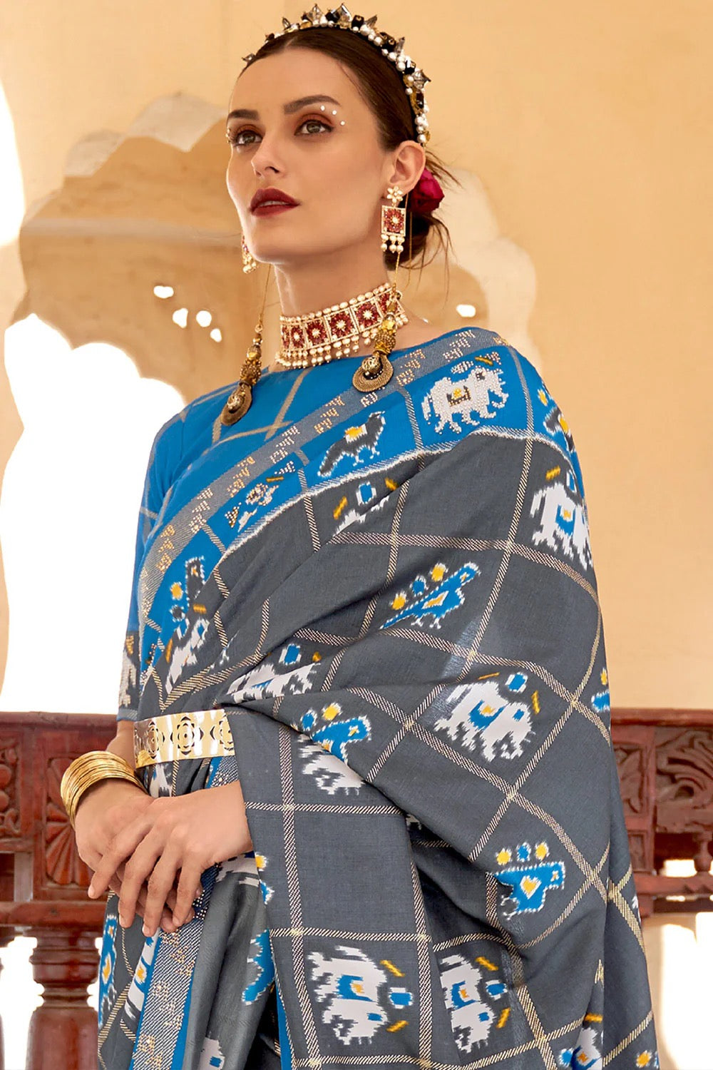 Grey Printed Patola Silk Saree