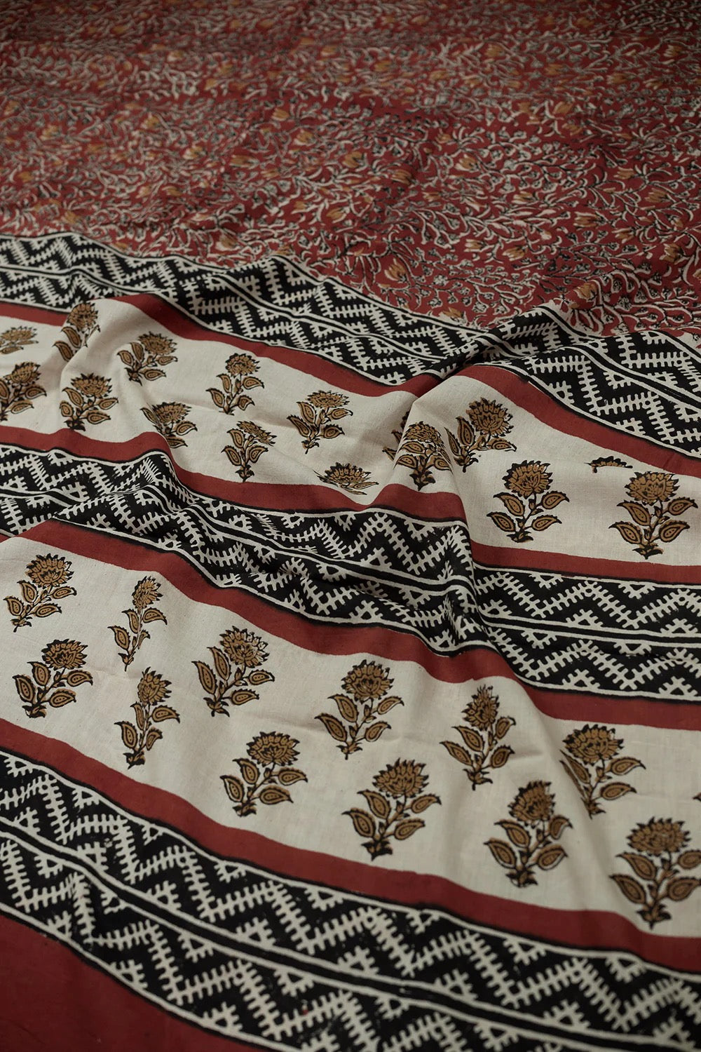Maroon Garden Block Printed Mul Cotton saree
