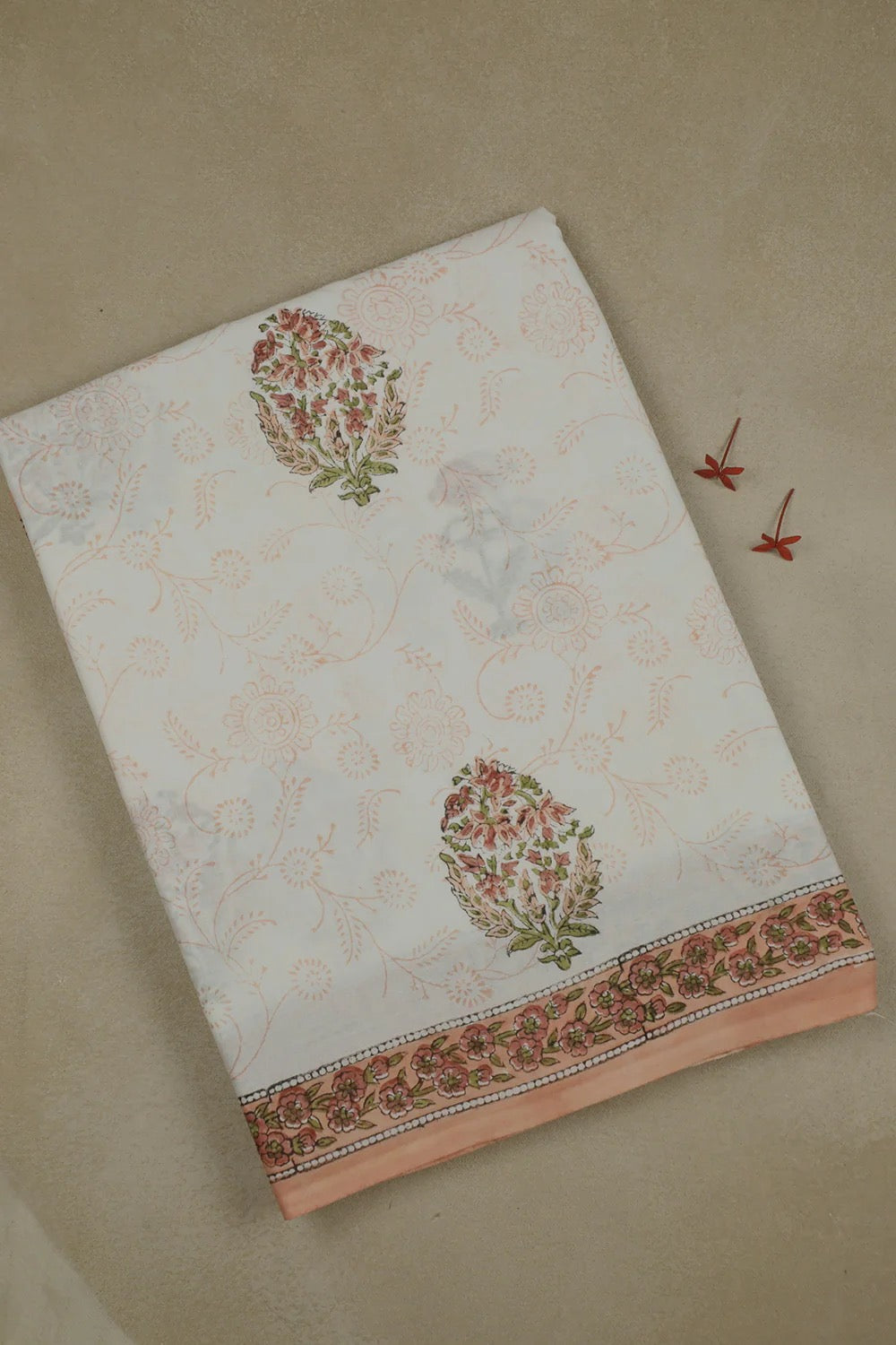 Floral Bunch Butta on Off-White Block Printed Mul Cotton Saree