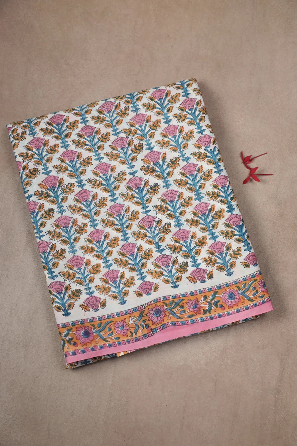 Intricate Floral on Cream Block Printed Mul Cotton saree