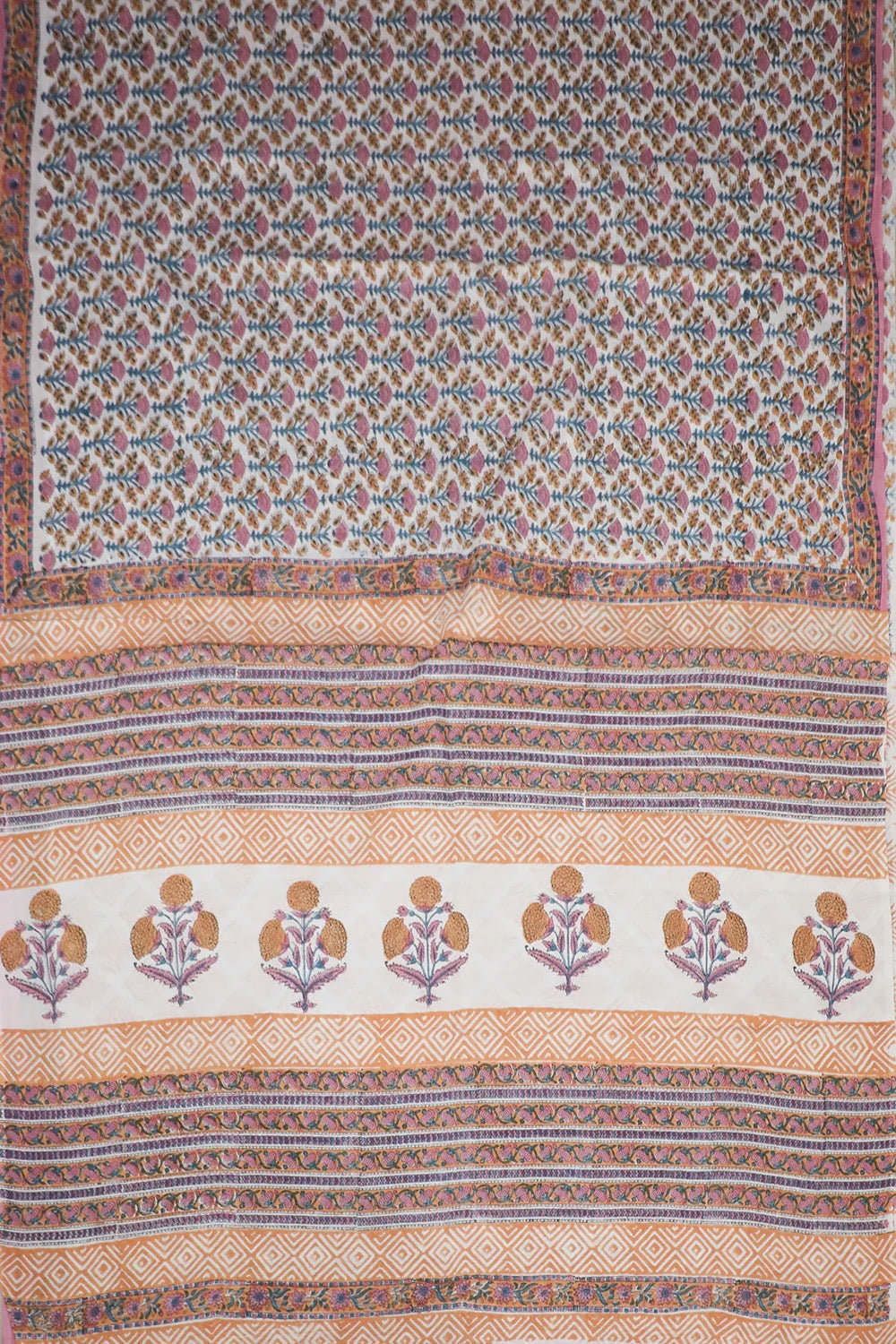 Intricate Floral on Cream Block Printed Mul Cotton saree