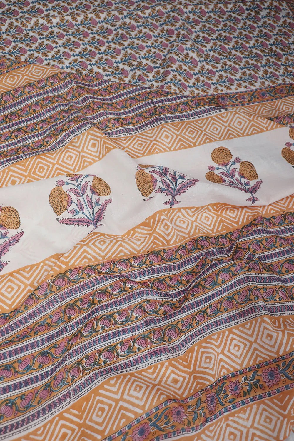 Intricate Floral on Cream Block Printed Mul Cotton saree