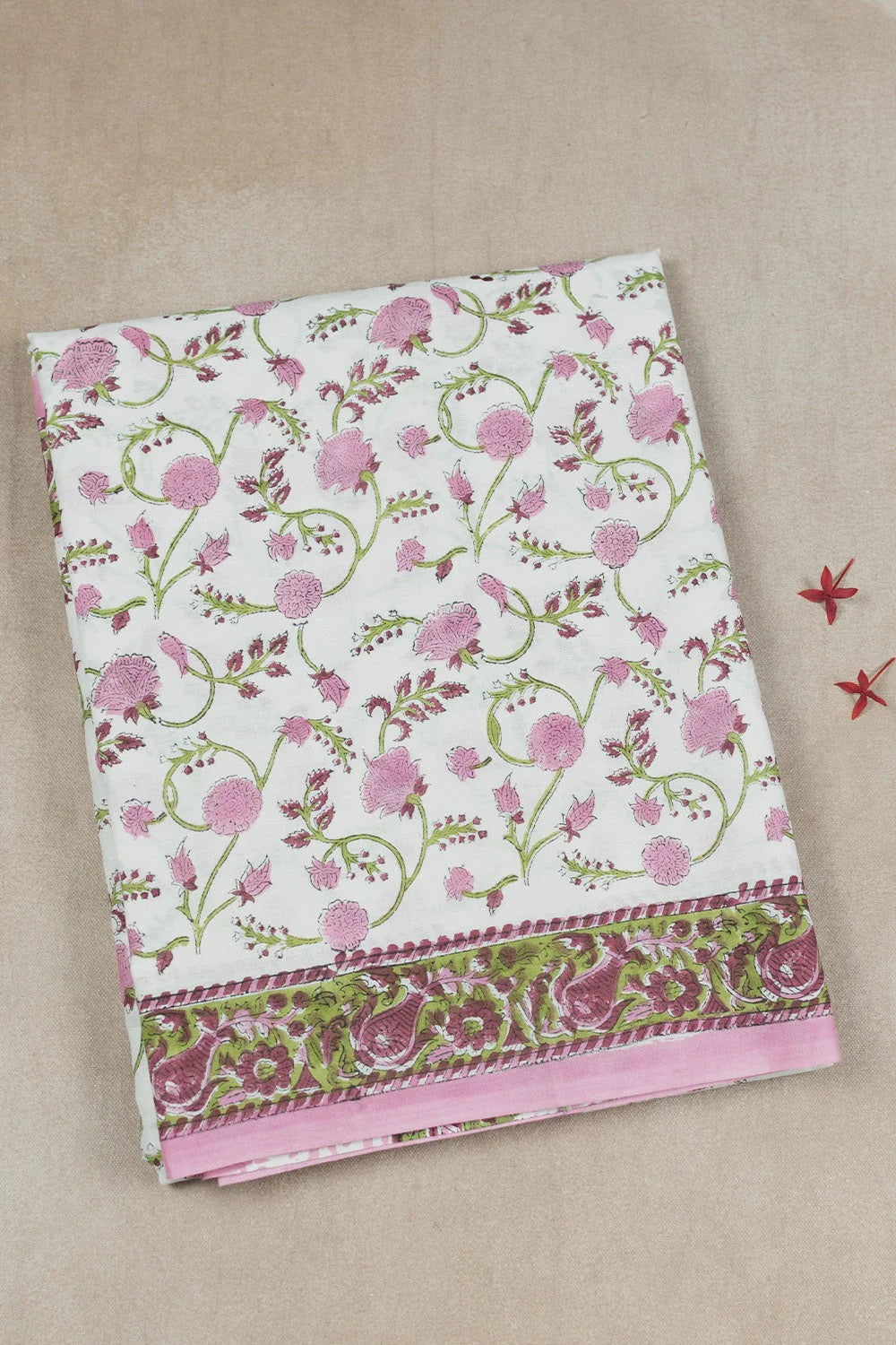 Pink Floral on Cream Sanganeri Mul Cotton saree