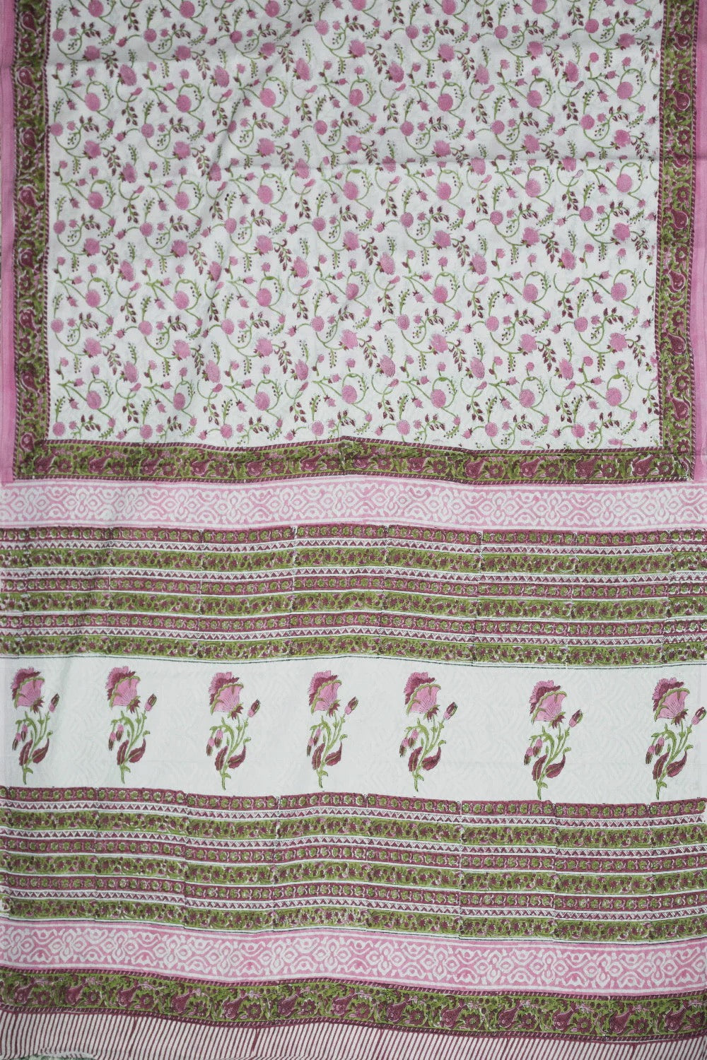 Pink Floral on Cream Sanganeri Mul Cotton saree