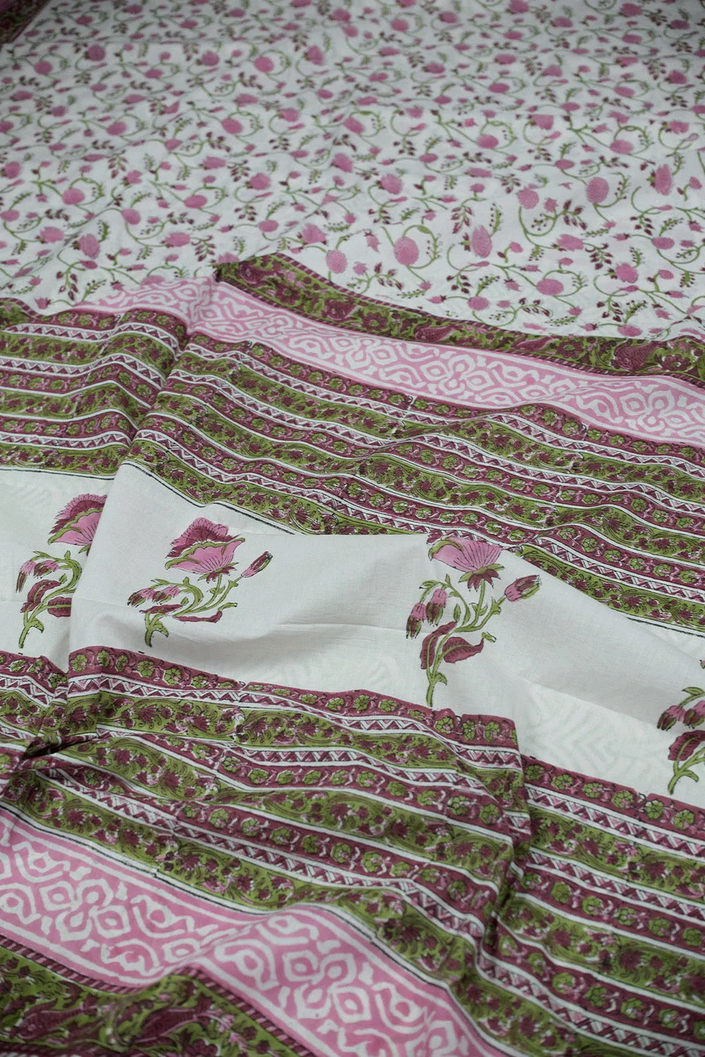 Pink Floral on Cream Sanganeri Mul Cotton saree