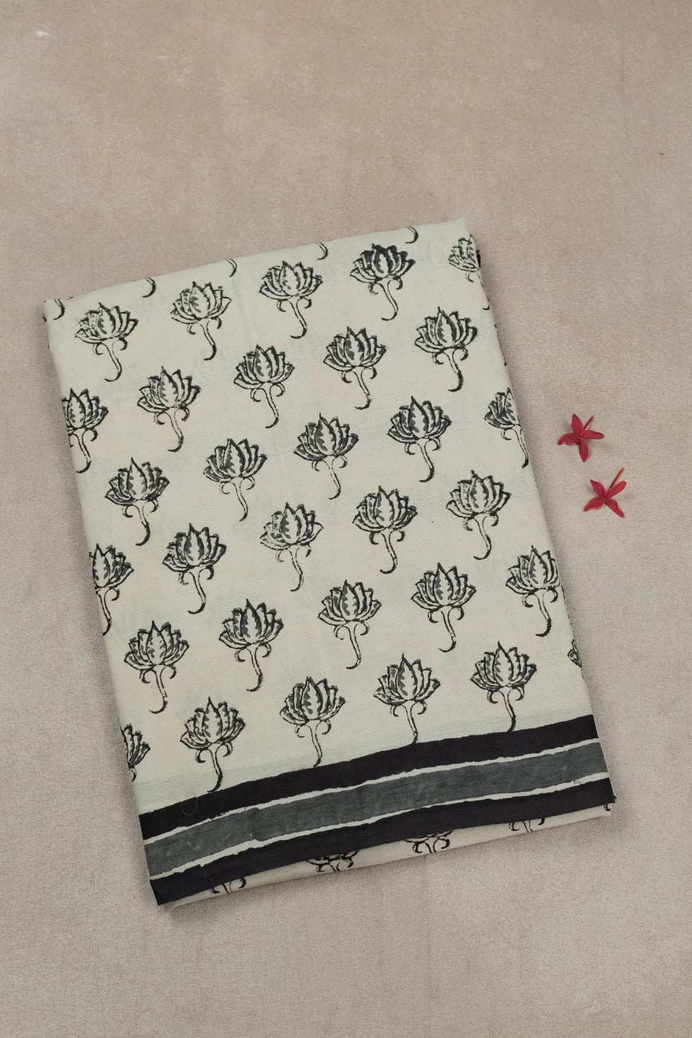 Lotus on Cream Block Printed Mul Cotton saree