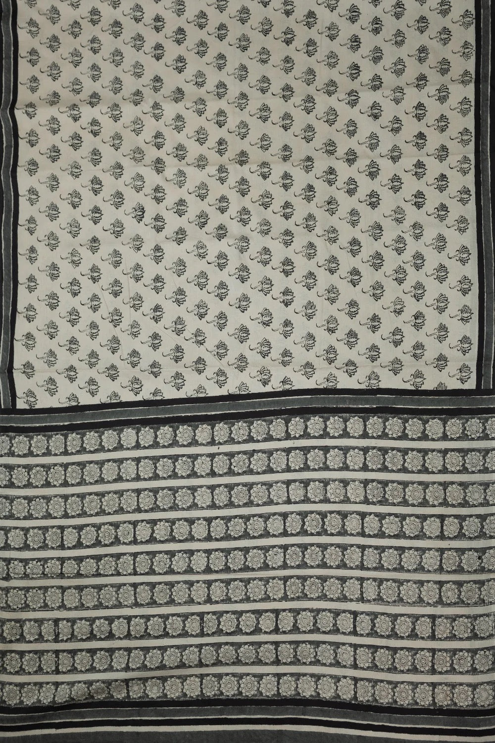 Lotus on Cream Block Printed Mul Cotton saree