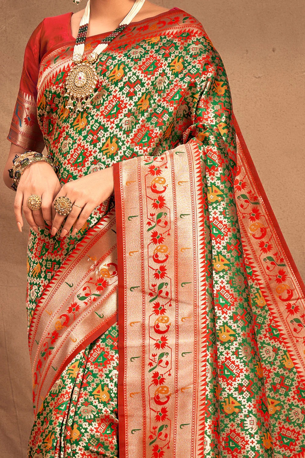 Hunter Green Mustard Patola Woven Silk Saree