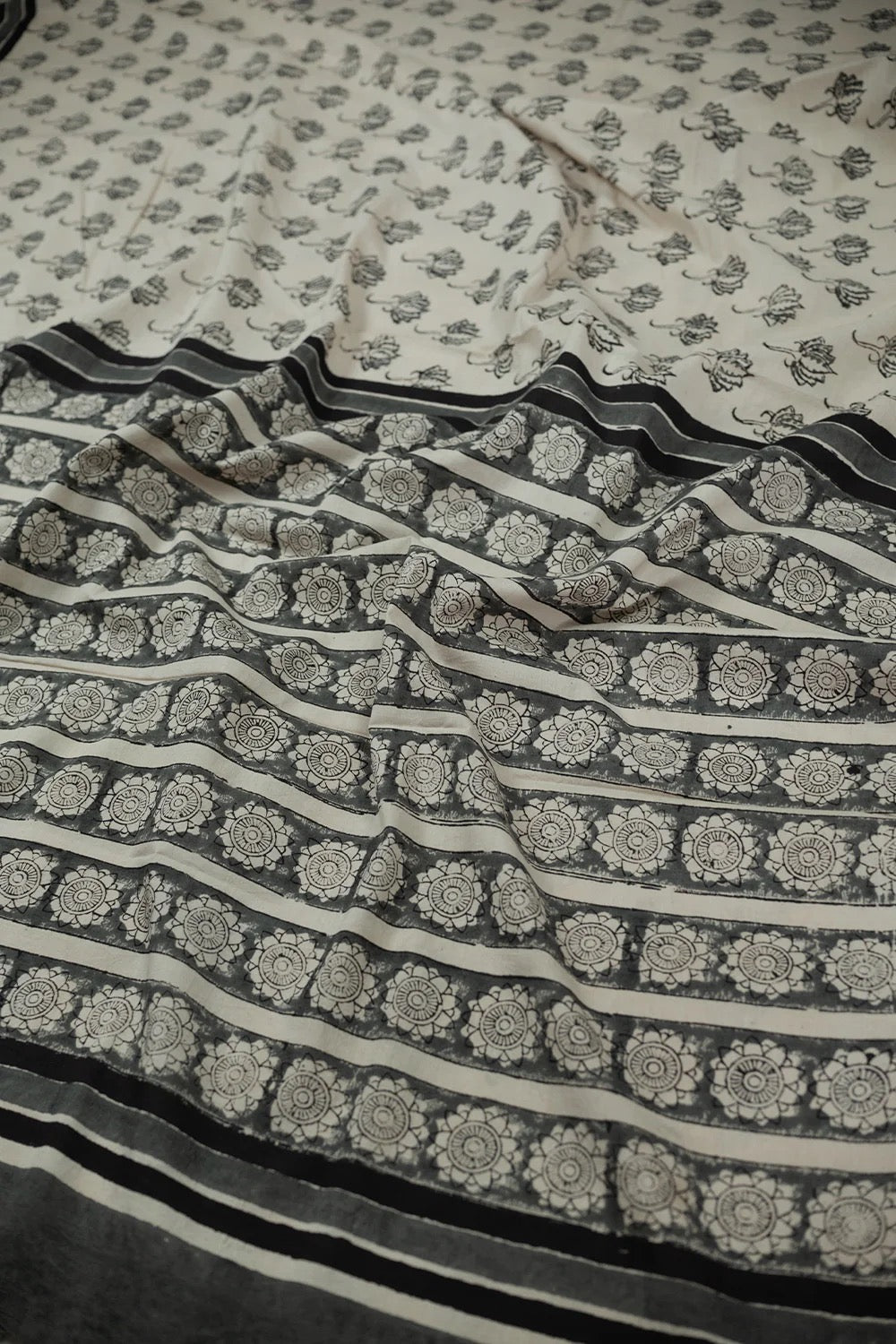 Lotus on Cream Block Printed Mul Cotton saree