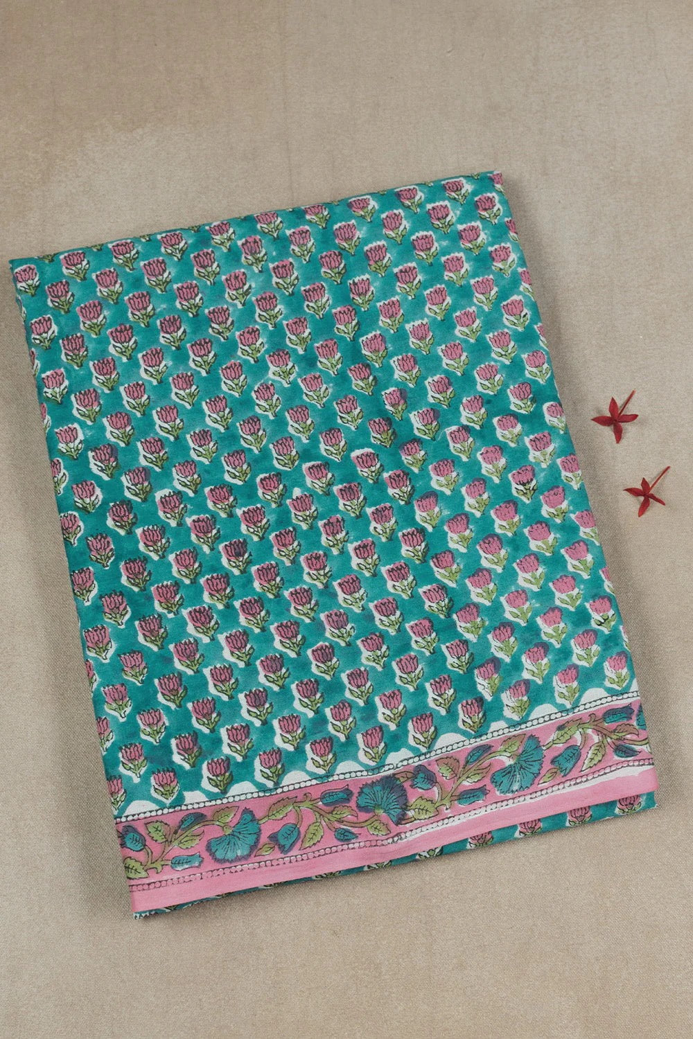 Pink Florets on Blue Sanganeri Mul Cotton saree