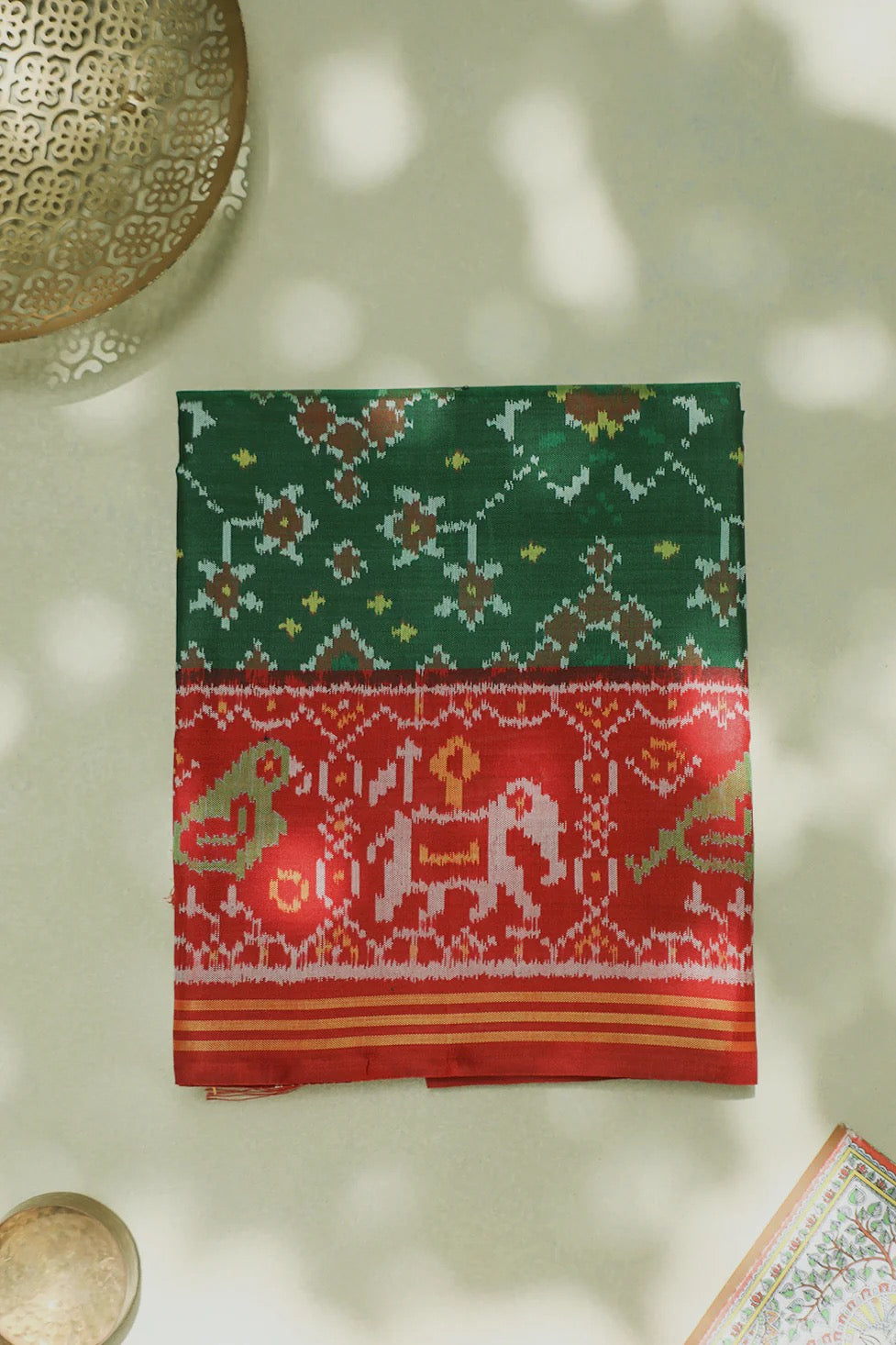 Forest Green with Red Patola Silk Ikat Dupatta