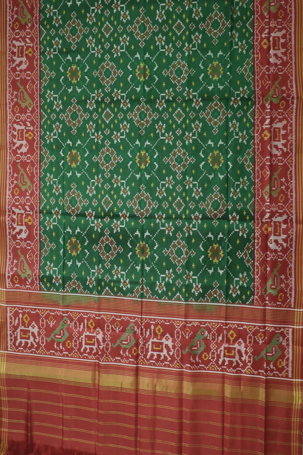 Forest Green with Red Patola Silk Ikat Dupatta